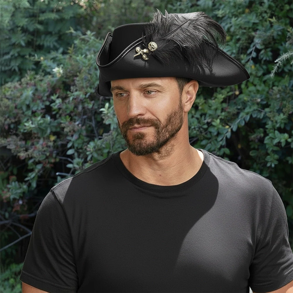 Barbossa | Mens Leather Tricorn Hat with Feather Plume