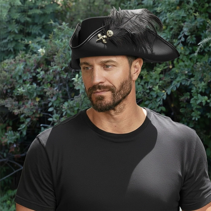 Barbossa | Mens Leather Tricorn Hat with Feather Plume