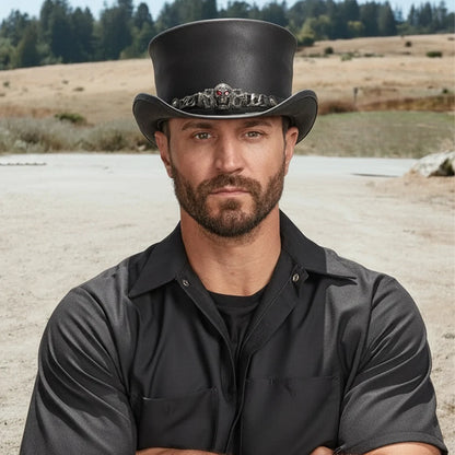El Dorado Red Eye | Mens Black Leather Top Hat with Red Eye Skull Hat Band