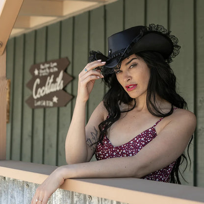 Posh | Womens Genuine Leather and Lace Steampunk Top Hat