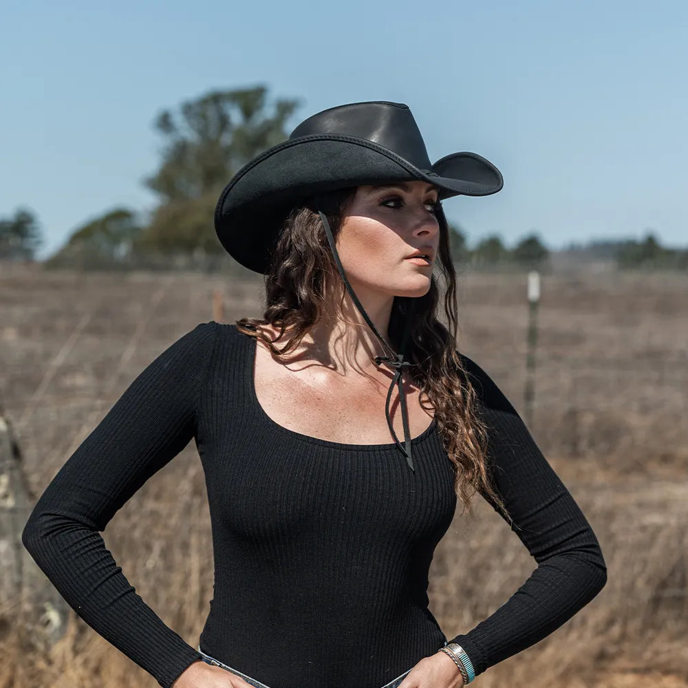 Hollywood | Womens Black Leather Cowgirl Hat