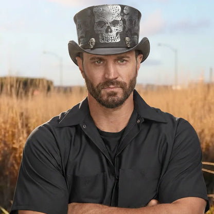 Silver Skull | Mens Leather Top Hat with Skull Hat Band