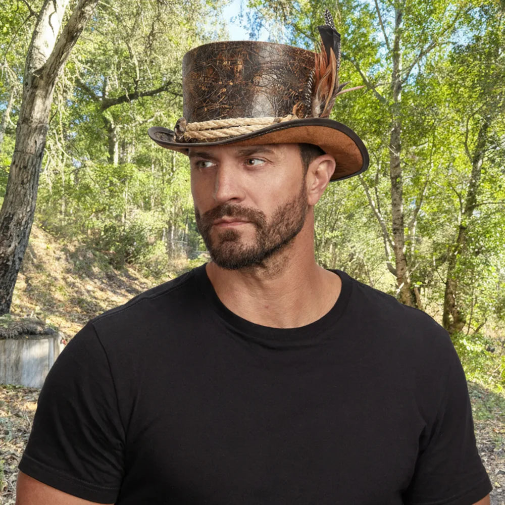 Wiccan | Mens Distressed Leather Top Hat with Skull Bone Hat Band