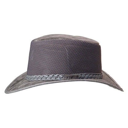 A side view of a Breeze Bomber Grey Leather Mesh Sun Hat 