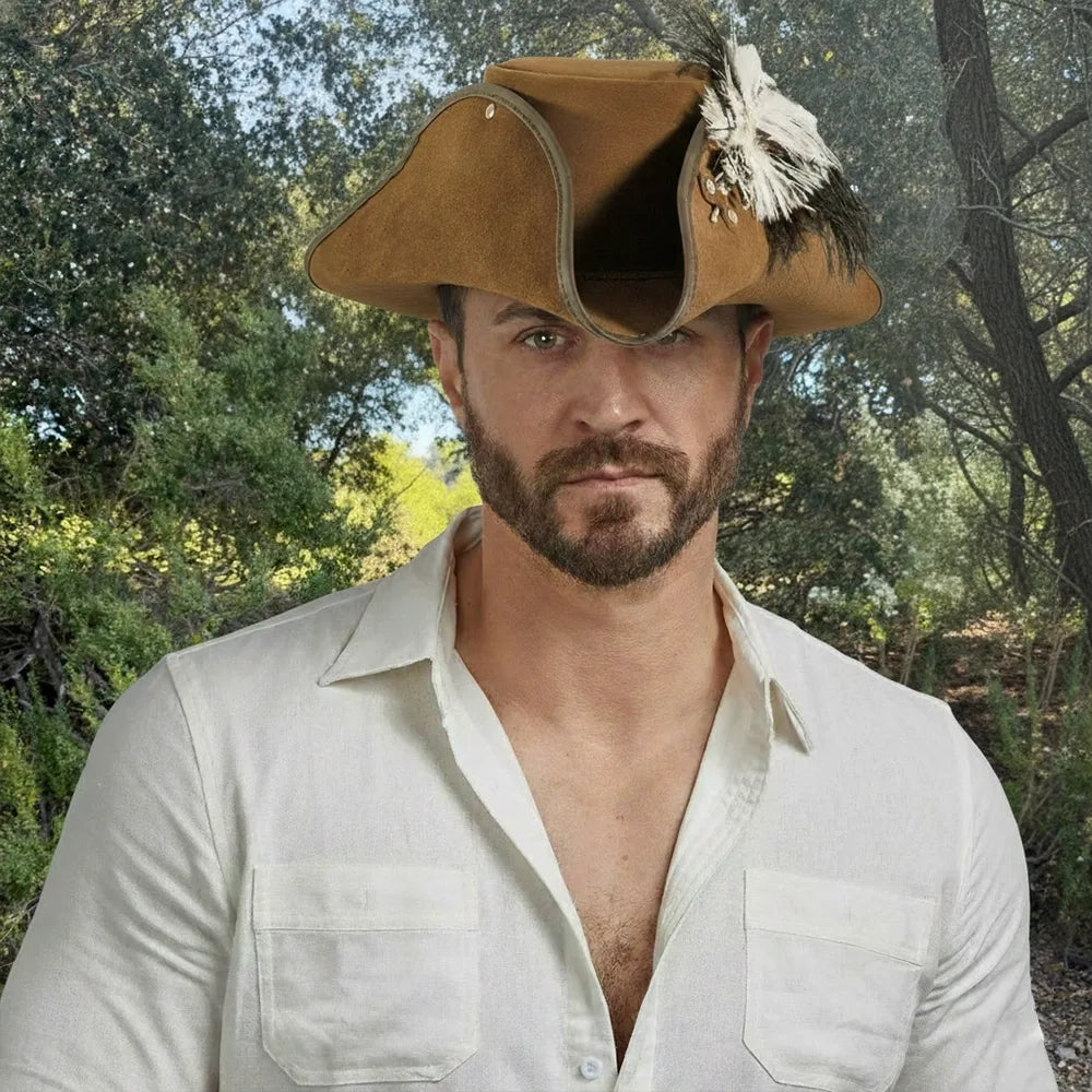 Barbossa | Mens Leather Tricorn Hat with Feather Plume