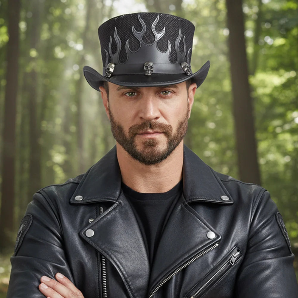 Flames | Mens Biker Leather Top Hat with Skull Hat Band