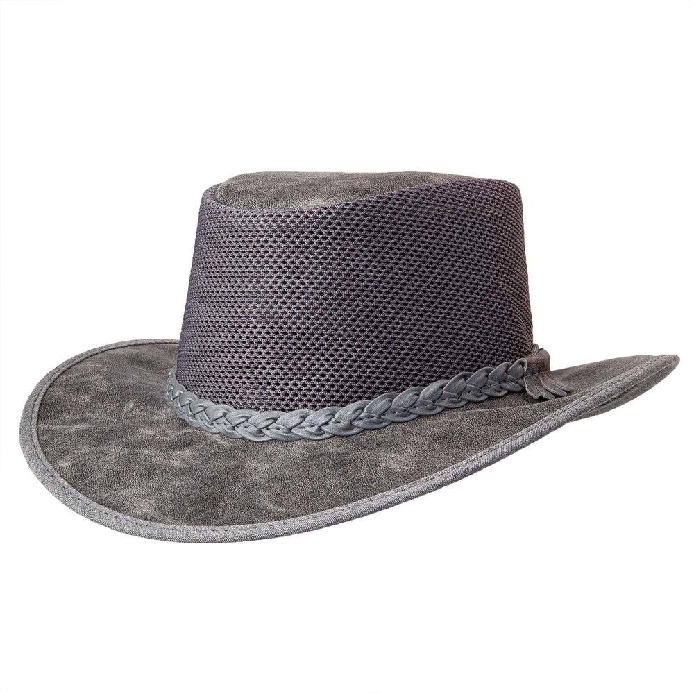 An angled side view of a Breeze Bomber Grey Leather Mesh Sun Hat 