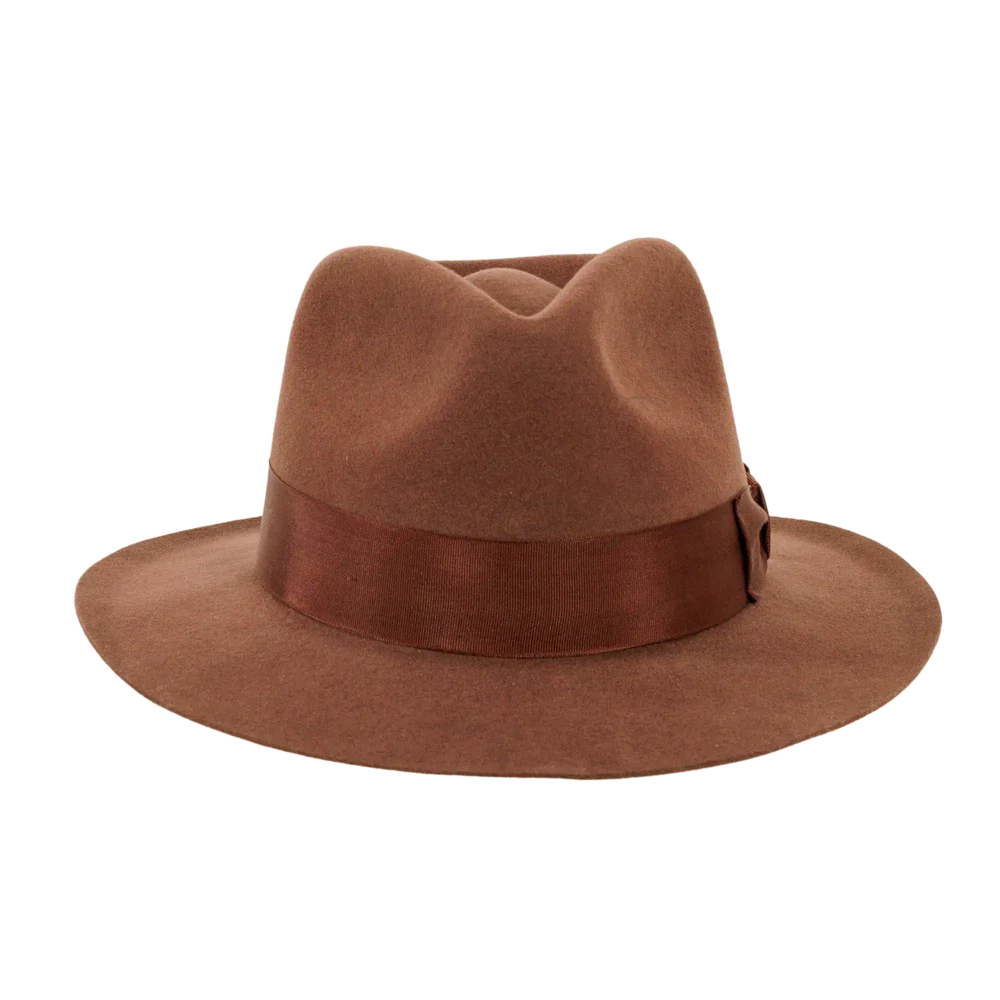 A front view of a brown fedora hat