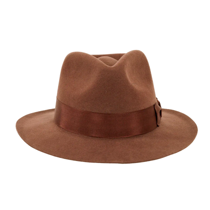 A front view of an adventure brown fedora hat