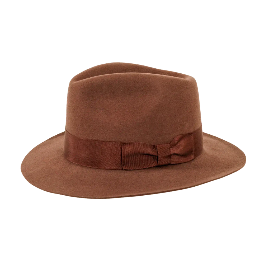 A side view of a adventure brown fedora hat 