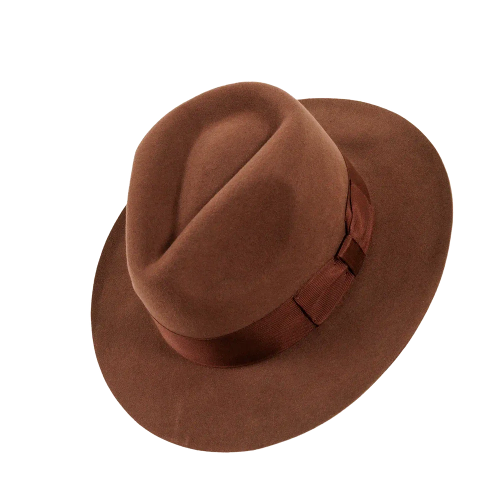 An angle view of a adventure brown fedora hat