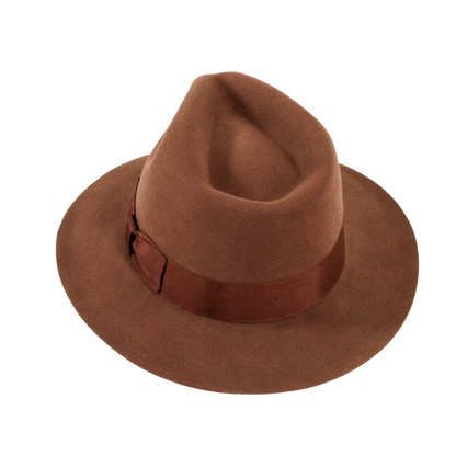 A rear view of a adventure brown fedora hat 