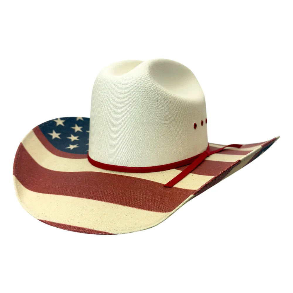 A white cowboy hat with a red band and a brim printed with an American flag pattern featuring red and white stripes and a blue field with white stars, shown on a plain white background.