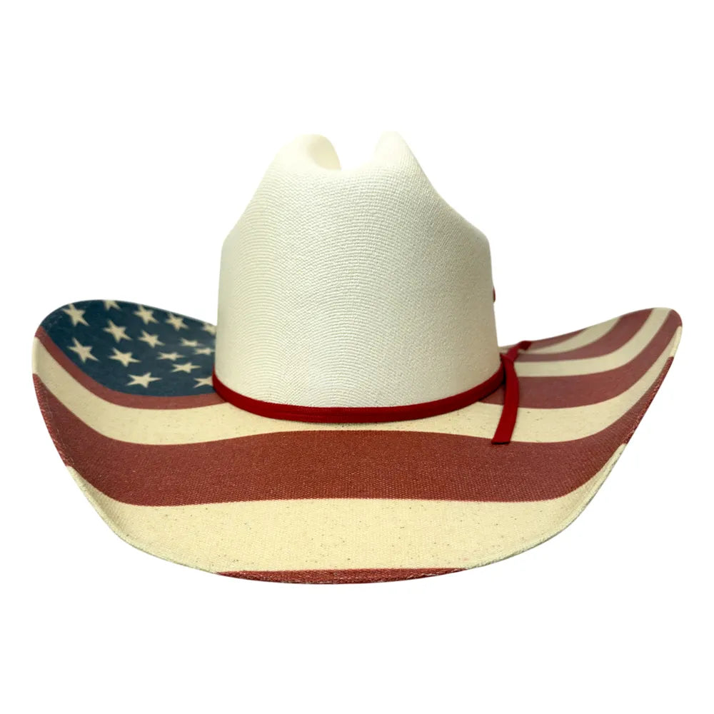 A cowboy hat featuring an American flag design, with a white textured crown, a red band, and a brim printed with red and white stripes and a blue field of white stars.