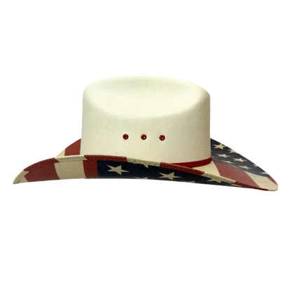A cowboy hat with a solid off-white crown and a brim featuring an American flag pattern with red, white, and blue stars and stripes.