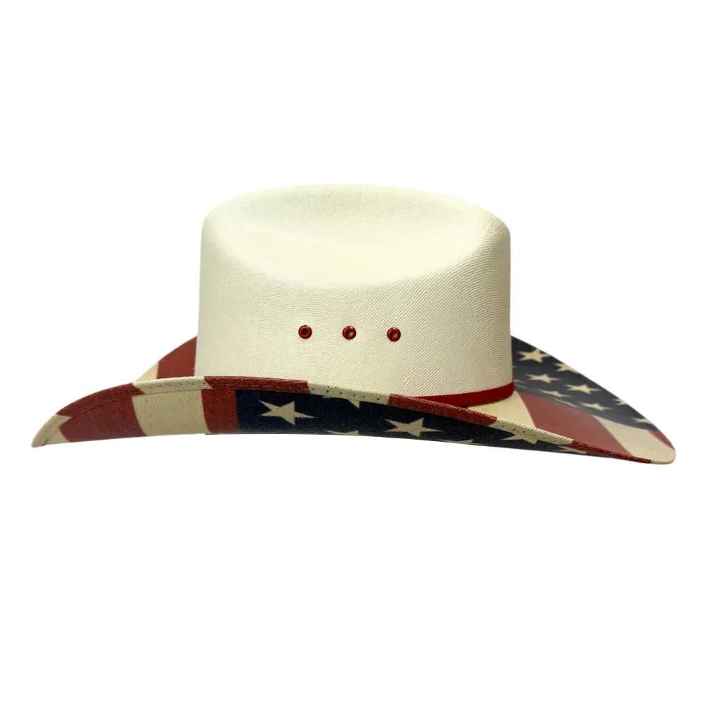A cowboy hat with a solid off-white crown and a brim featuring an American flag pattern with red, white, and blue stars and stripes.
