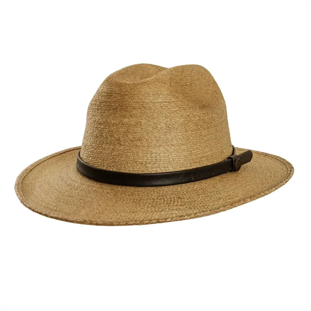 A natural straw fedora hat with a black leather band and buckle, shown from a side profile on a white background.