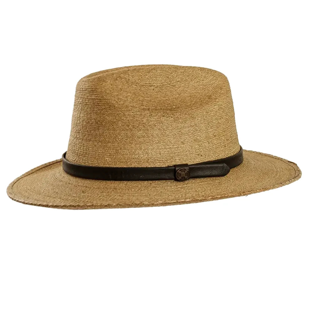 A natural straw fedora hat with a black leather band and a small metal emblem, shown against a plain white background.