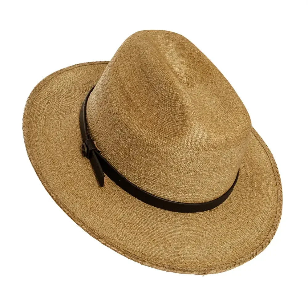 A natural straw fedora hat with a black ribbon band, shown from a three-quarters angle on a plain white background.