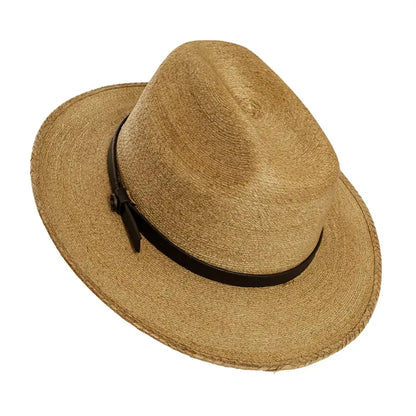 A natural straw fedora hat with a black ribbon band, shown from a three-quarters angle on a plain white background.