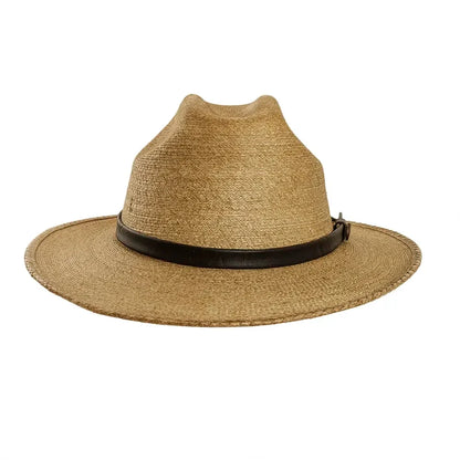 A natural straw fedora hat with a black leather band, shown from the side against a plain white background.