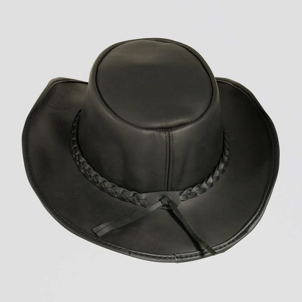 An angle view of a Back Woods Black Leather Outback Hat