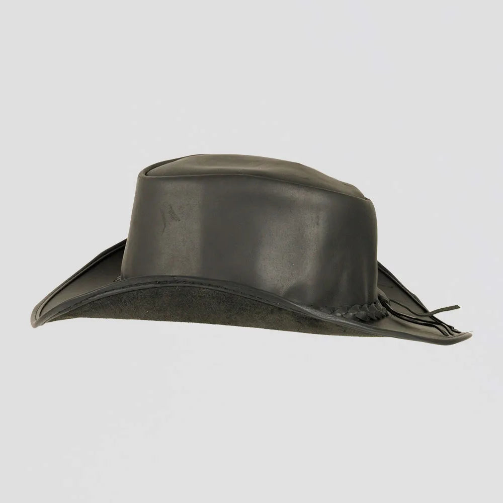 A side view of a Back Woods Black Leather Outback Hat