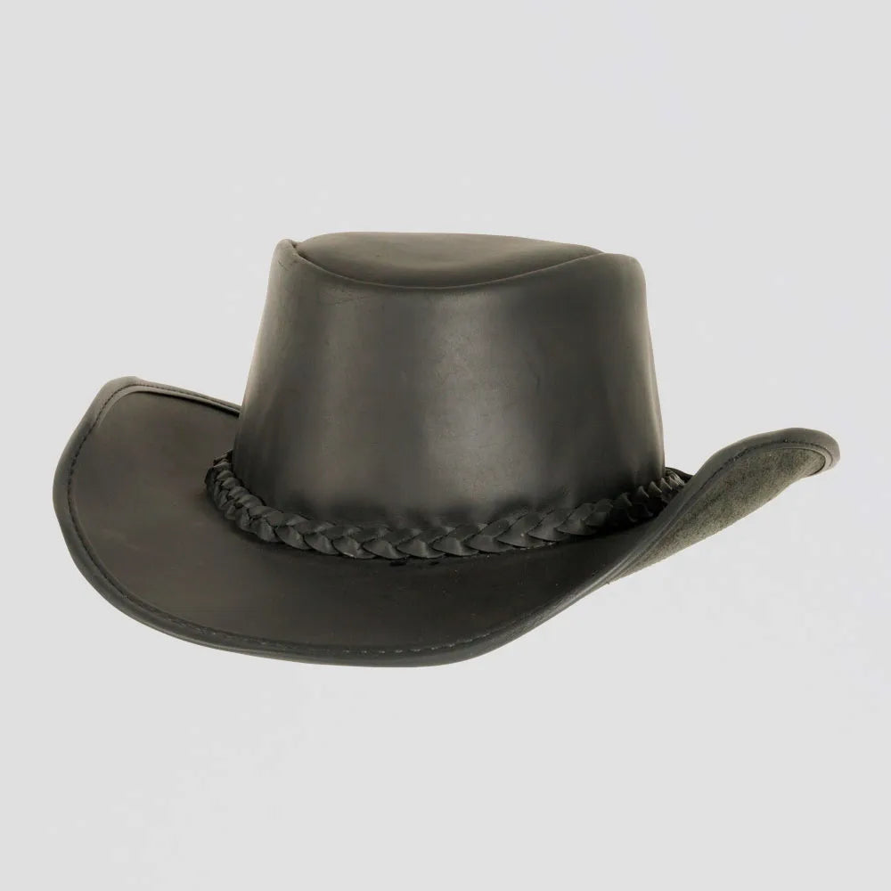 An angle view of a Back Woods Black Leather Outback Hat