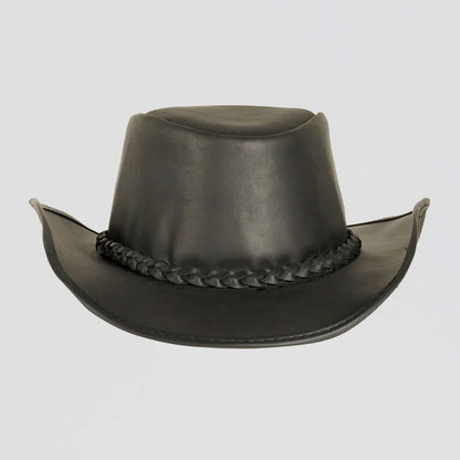 An angle view of a Back Woods Black Leather Outback Hat