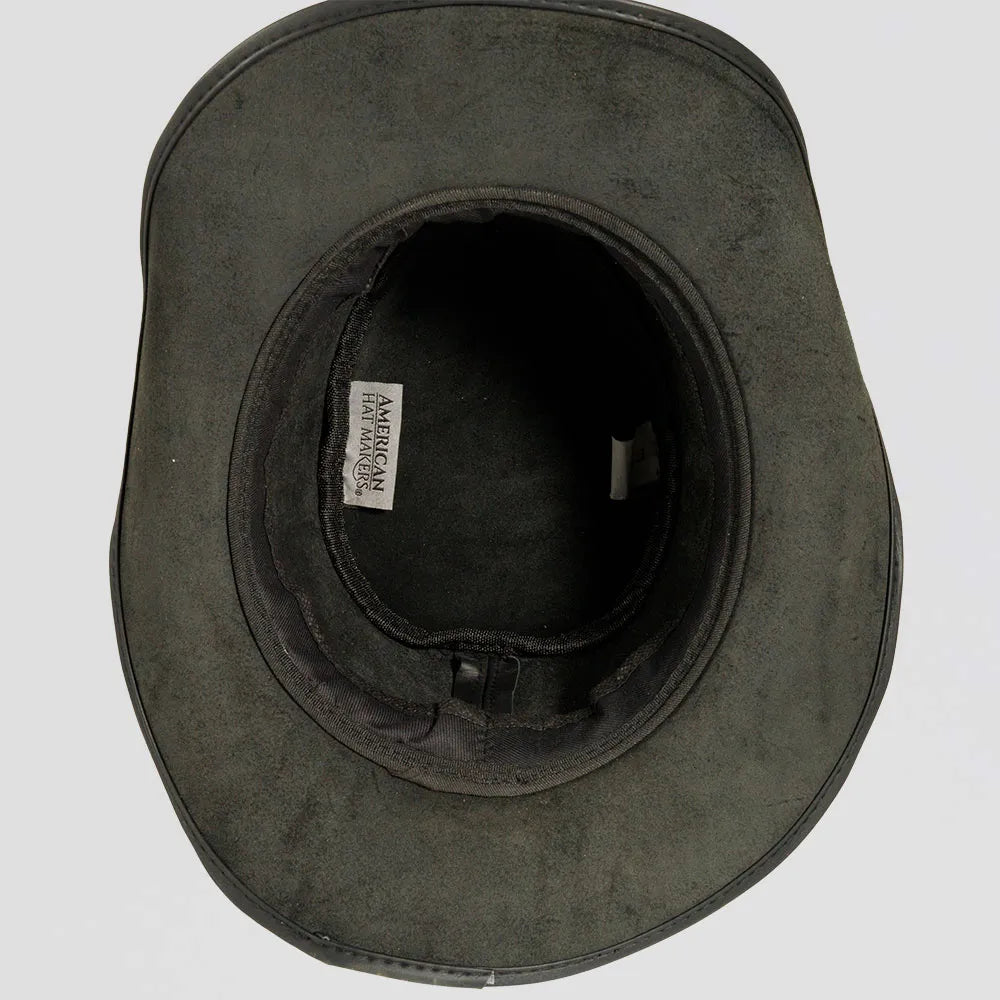 An inside view of a Back Woods Black Leather Outback Hat