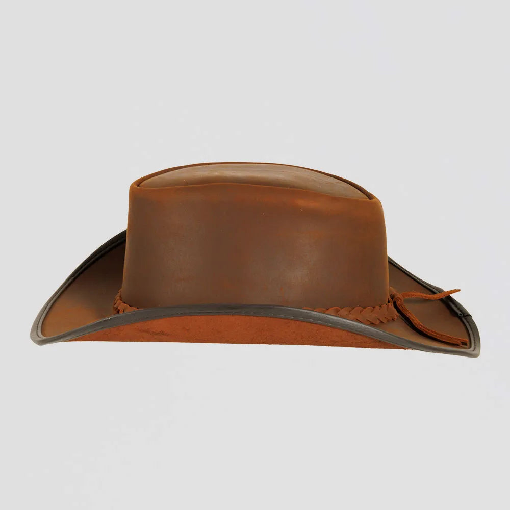 An angle view of a Back Woods Copper Leather Outback Hat