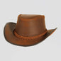 An angle view of a Back Woods Copper Leather Outback Hat