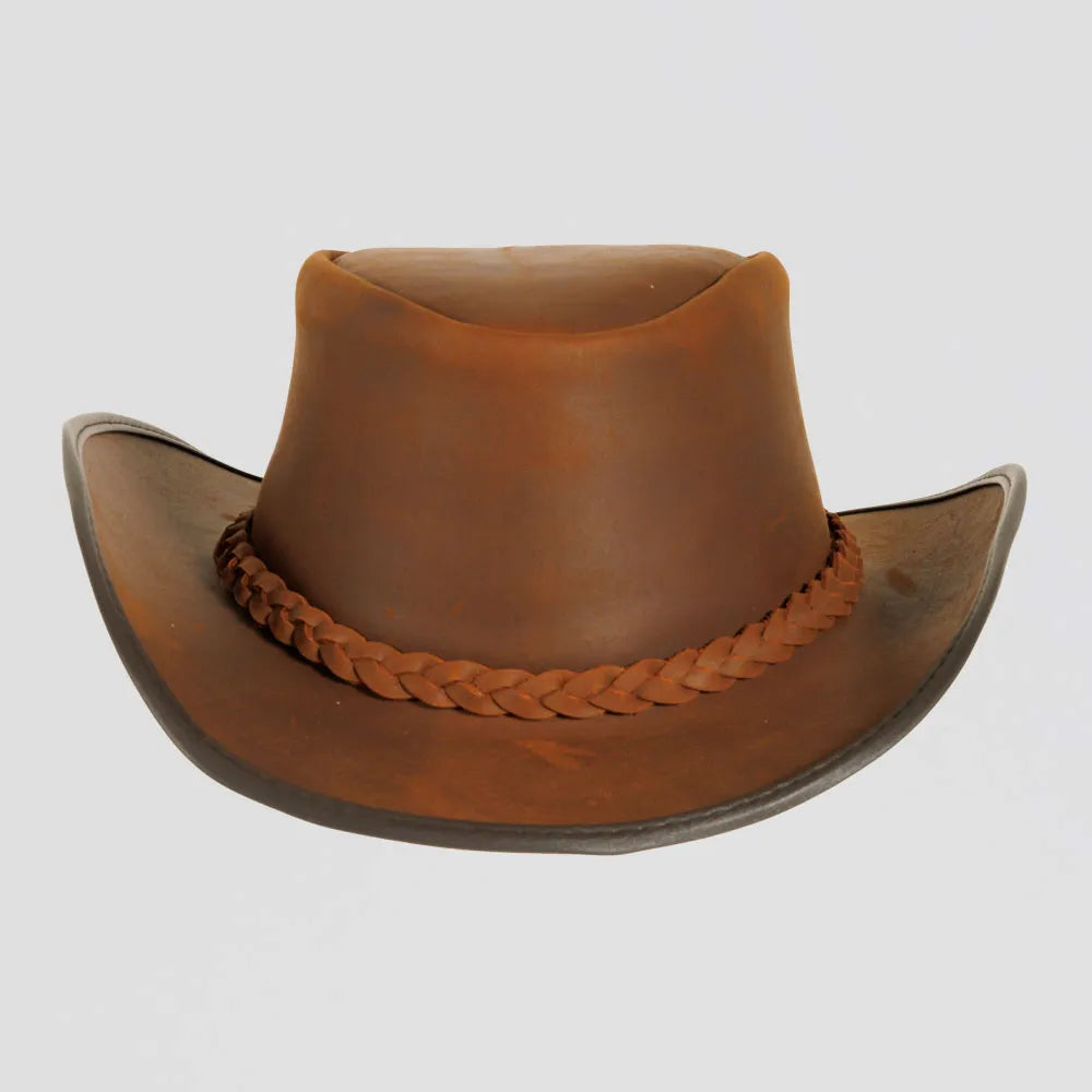 A front view of a Back Woods Copper Leather Outback Hat