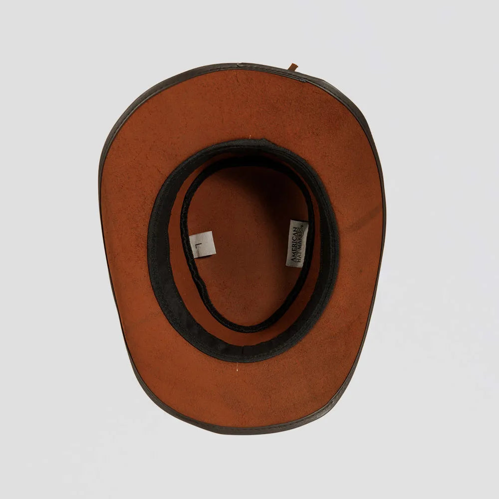 An inside view of a Back Woods Copper Leather Outback Hat