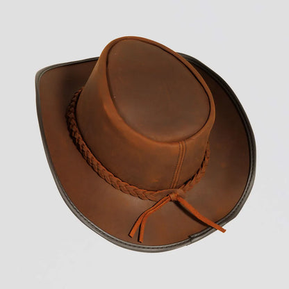 An angle view of a Back Woods Copper Leather Outback Hat