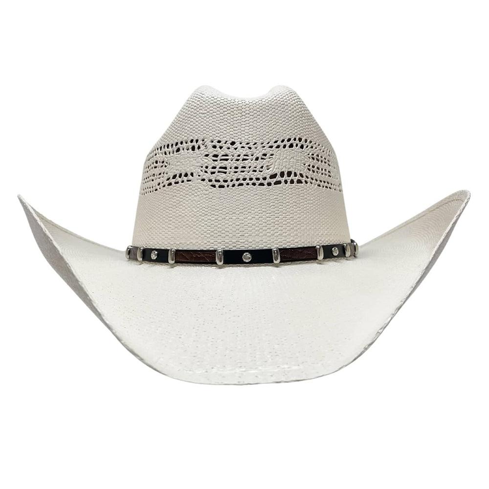 A front view of a Billings Cream Straw Cowboy Hat 