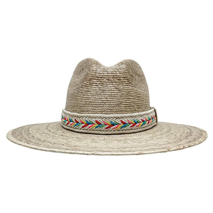 A Back view of a Bisbee Straw Hat with Colorful Hat Band by American Hat Makers