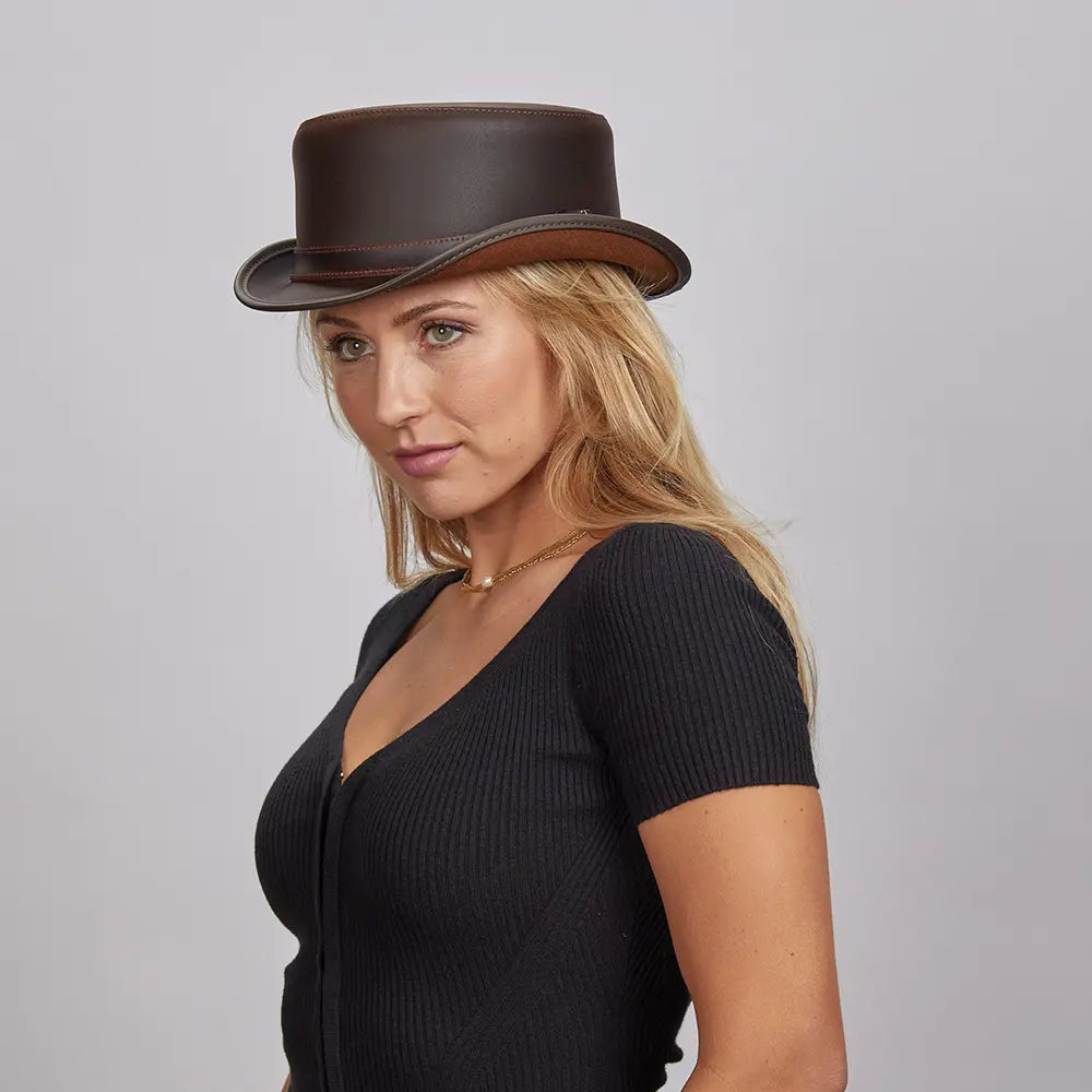 Bromley | Womens Leather Top Hat with Carriage Hat Band