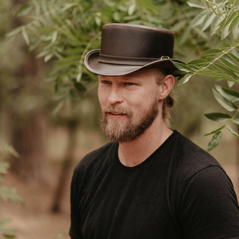 Bromley Brown Leather Top Hat with a Carriage Band  by American Hat Makers - Hover