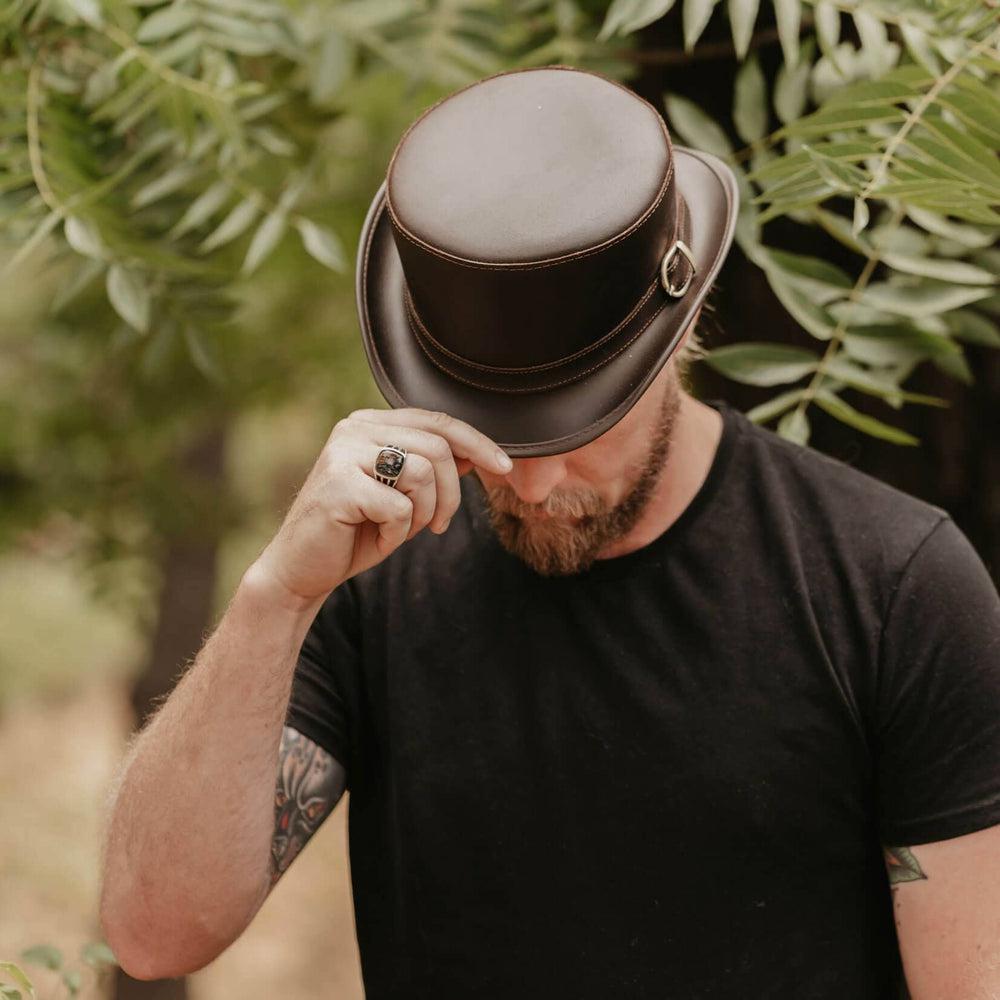 Bromley Brown Leather Top Hat with a Carriage Band  by American Hat Makers