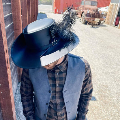 Cavalier Black Leather Hat with a Musket band by American Hat Makers