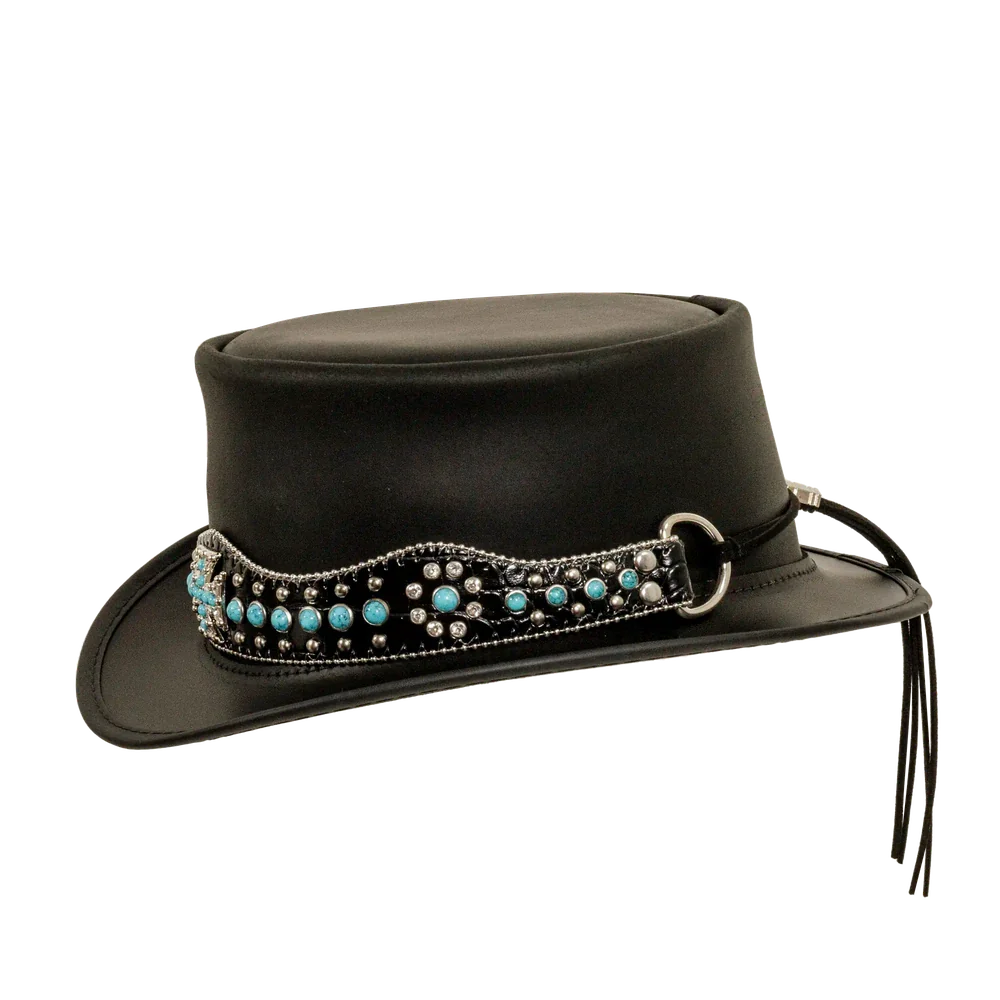 chopper mens black leather top hat angled view