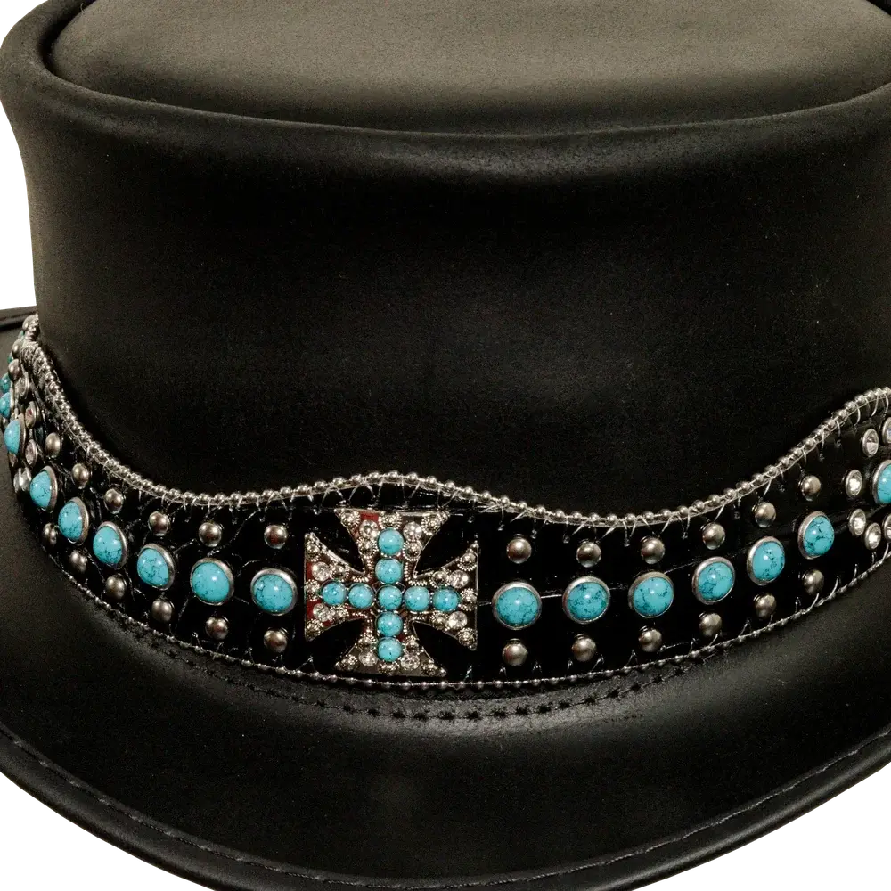 chopper mens black leather top hat close up view