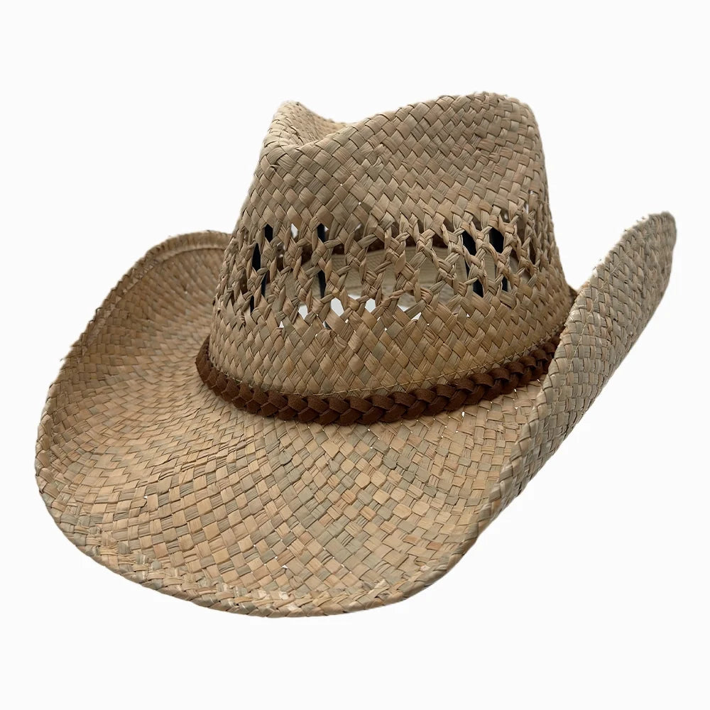 Coastal | Womens Natural Seagrass Western Curl Pinch Front Straw Cowgirl Hat
