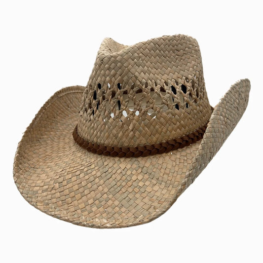 Coastal | Womens Natural Seagrass Western Curl Pinch Front Straw Cowgirl Hat