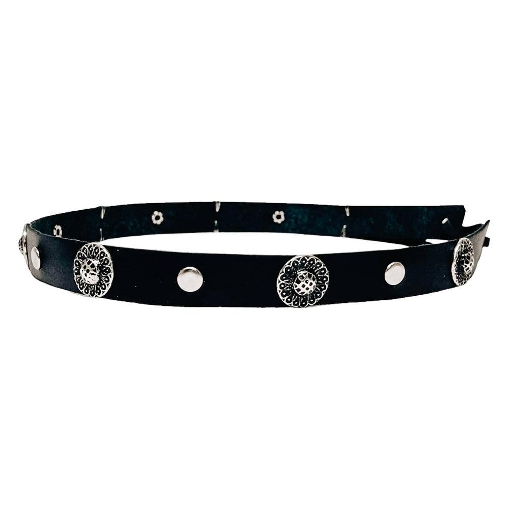 Black Leather Band with a String of Nickel Silver Conchos by American Hat Makers