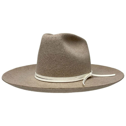 An angle view of a Crescent Oatmeal Felt Wool Fedora Hat 