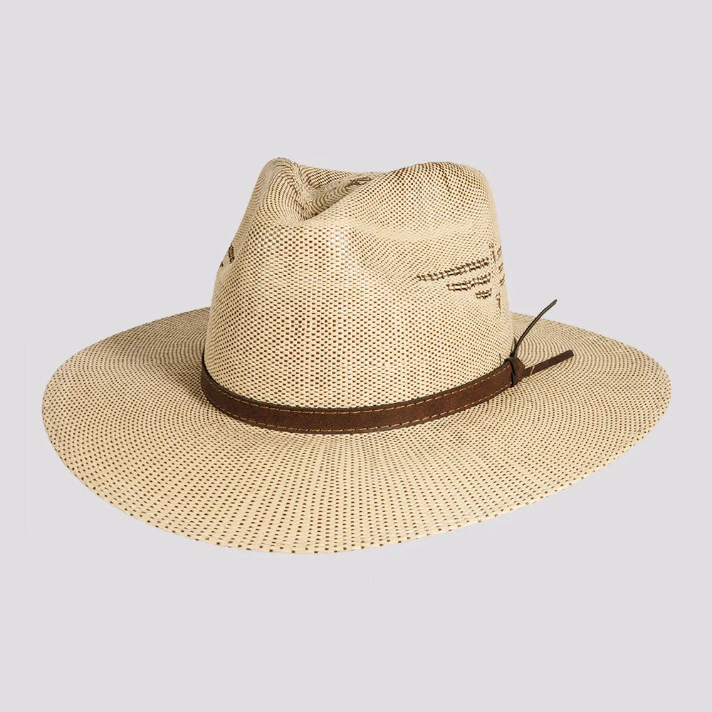 Dover | Womens Tan Bangora Straw Flat Brim Pinch Front Sun Hat