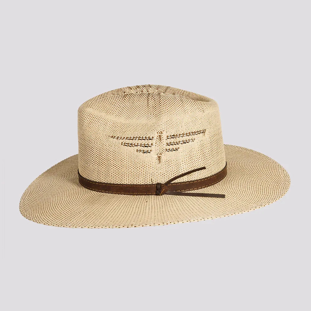 Dover | Womens Tan Bangora Straw Flat Brim Pinch Front Sun Hat