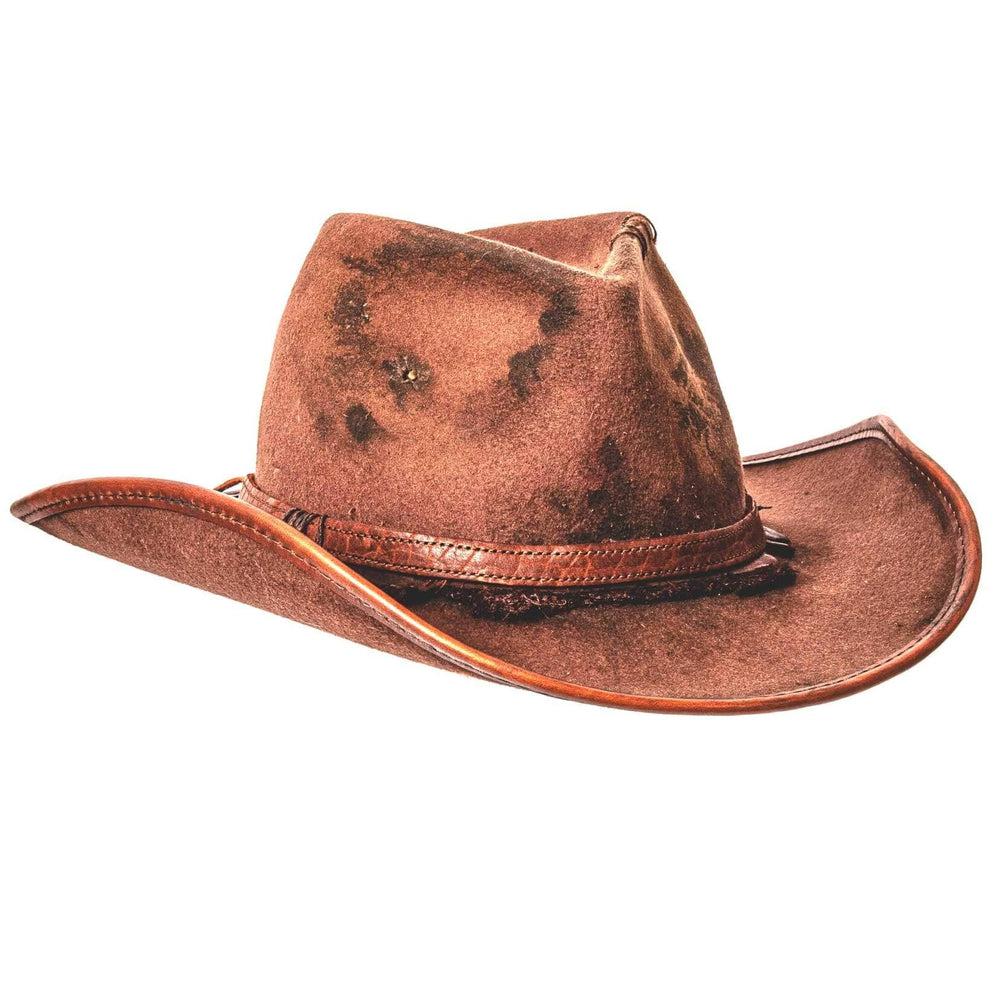 A left view of a Duke Brown Felt Cowboy Hat 